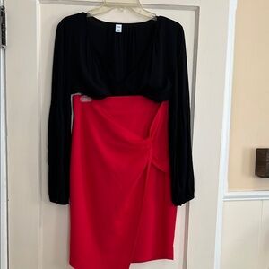Black & Red Two-Tone Wrap Front blouse, and skirt